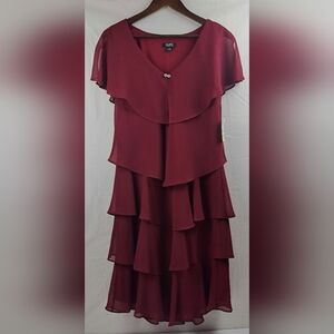 Women’s Formal Dress SLNY 12 Burgundy Tier Short Sheer Caped overlay Flowy Gown